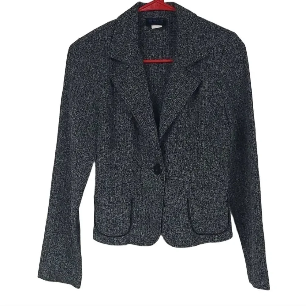 Black White Tweed Blazer Jacket Small Piped Pockets Modern Tailored Office Chic